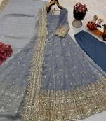Grey fendy silk embroidered stitched kurta set