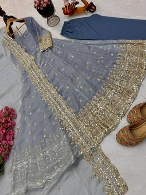Grey fendy silk embroidered stitched kurta set 2