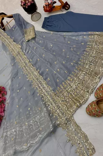 grey fendy silk embroidered stitched kurta set