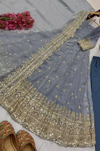 grey fendy silk embroidered stitched kurta set
