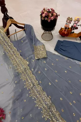 grey fendy silk embroidered stitched kurta set