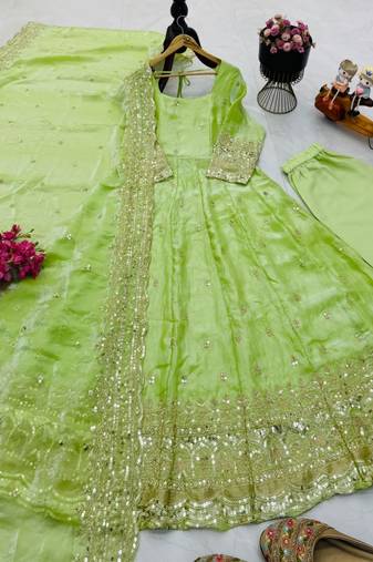 parrot green green fendy silk embroidered stitched kurta set