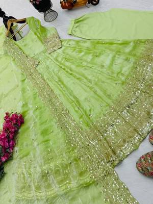 Parrot green green fendy silk embroidered stitched kurta set 2