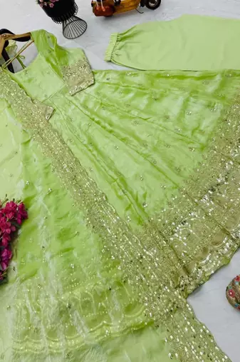 parrot green green fendy silk embroidered stitched kurta set