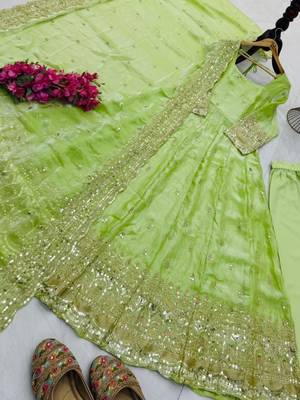 Parrot green green fendy silk embroidered stitched kurta set 3