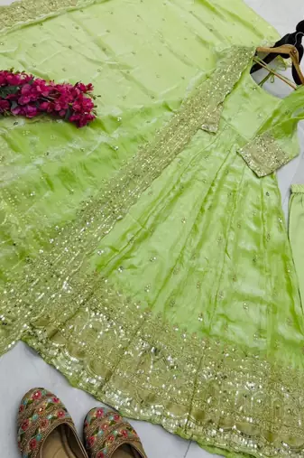 parrot green green fendy silk embroidered stitched kurta set