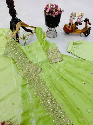 Parrot green green fendy silk embroidered stitched kurta set 4