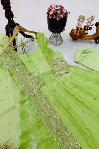 parrot green green fendy silk embroidered stitched kurta set