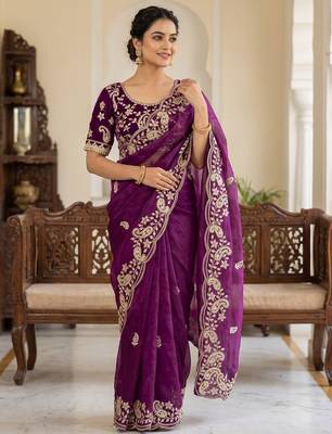 Dark Magenta Color sequence And embroidery work Satin Saree 1