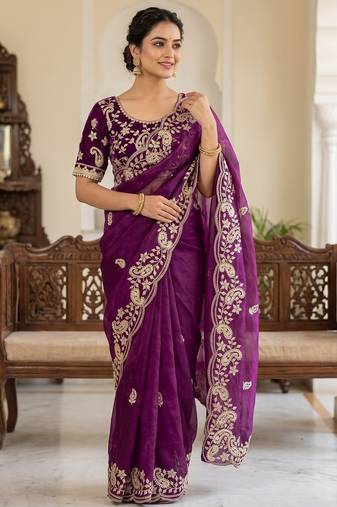 Dark Magenta Color sequence And embroidery work Satin Saree