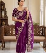 Dark Magenta Color sequence And embroidery work Satin Saree