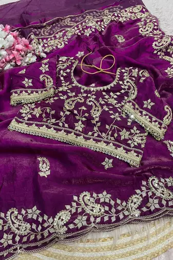 Dark Magenta Color sequence And embroidery work Satin Saree