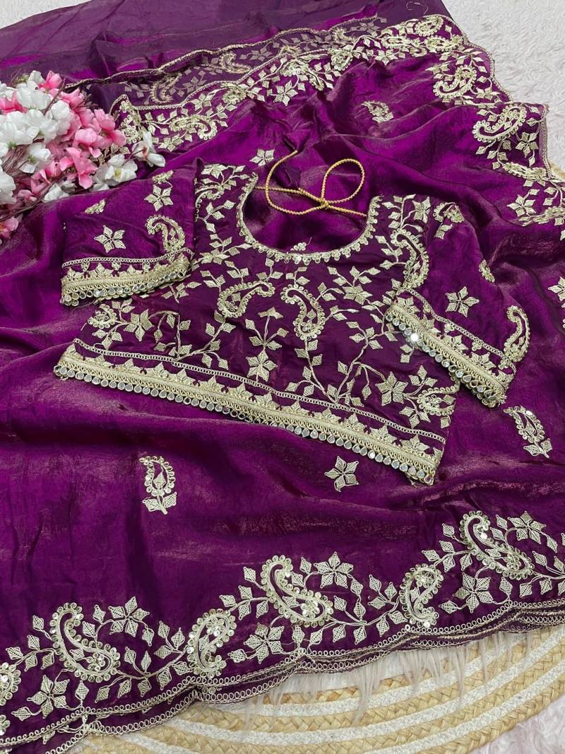 Dark Magenta Color sequence And embroidery work Satin Saree