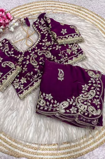 Dark Magenta Color sequence And embroidery work Satin Saree