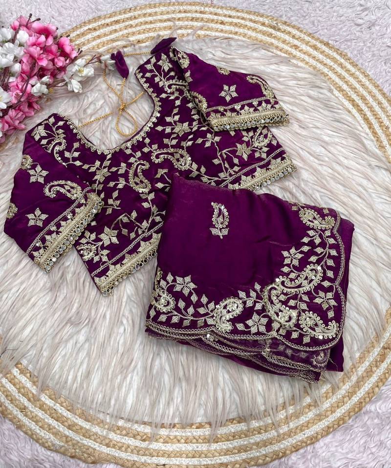 Dark Magenta Color sequence And embroidery work Satin Saree