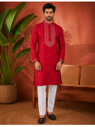 RED EMBROIDERY WITH SEQUENCE WORK DESIGN ON SILKY SILK FABRIC MENS KURTA PAJAMA SET 1