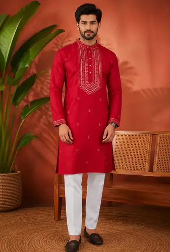 RED EMBROIDERY WITH SEQUENCE WORK DESIGN ON SILKY SILK FABRIC MENS KURTA PAJAMA SET