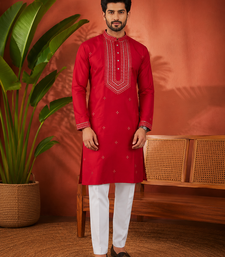 RED EMBROIDERY WITH SEQUENCE WORK DESIGN ON SILKY SILK FABRIC MENS KURTA PAJAMA SET