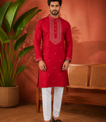 RED EMBROIDERY WITH SEQUENCE WORK DESIGN ON SILKY SILK FABRIC MENS KURTA PAJAMA SET