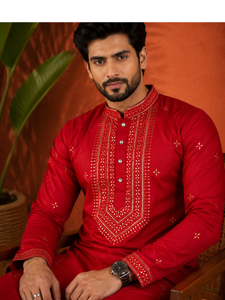 RED EMBROIDERY WITH SEQUENCE WORK DESIGN ON SILKY SILK FABRIC MENS KURTA PAJAMA SET 2