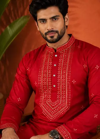 RED EMBROIDERY WITH SEQUENCE WORK DESIGN ON SILKY SILK FABRIC MENS KURTA PAJAMA SET
