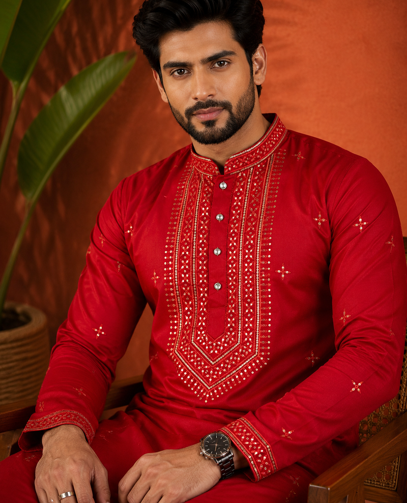 RED EMBROIDERY WITH SEQUENCE WORK DESIGN ON SILKY SILK FABRIC MENS KURTA PAJAMA SET