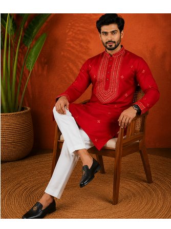 RED EMBROIDERY WITH SEQUENCE WORK DESIGN ON SILKY SILK FABRIC MENS KURTA PAJAMA SET 3