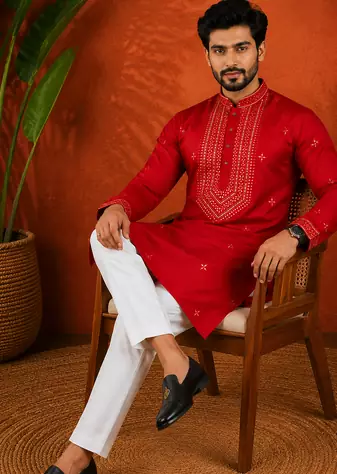 RED EMBROIDERY WITH SEQUENCE WORK DESIGN ON SILKY SILK FABRIC MENS KURTA PAJAMA SET