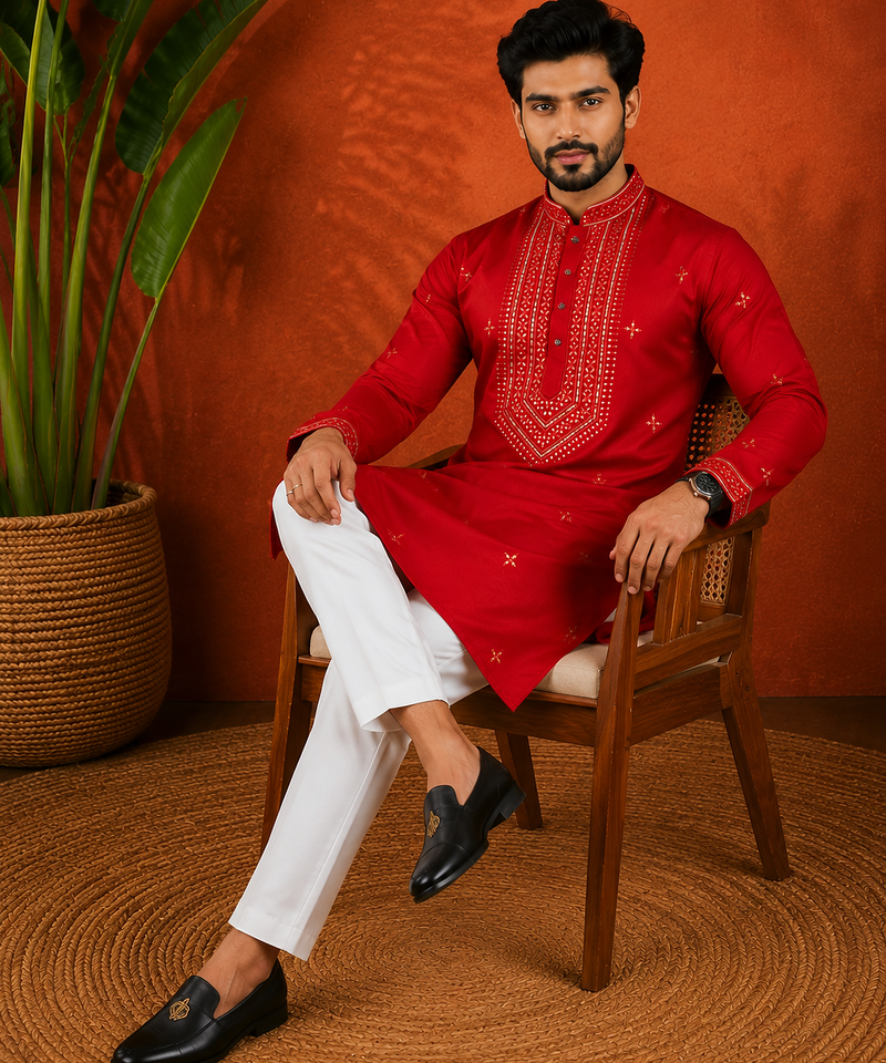 RED EMBROIDERY WITH SEQUENCE WORK DESIGN ON SILKY SILK FABRIC MENS KURTA PAJAMA SET