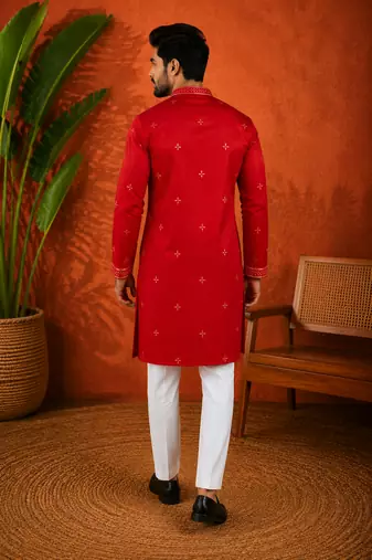 RED EMBROIDERY WITH SEQUENCE WORK DESIGN ON SILKY SILK FABRIC MENS KURTA PAJAMA SET