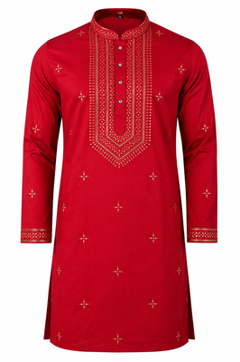 RED EMBROIDERY WITH SEQUENCE WORK DESIGN ON SILKY SILK FABRIC MENS KURTA PAJAMA SET 5