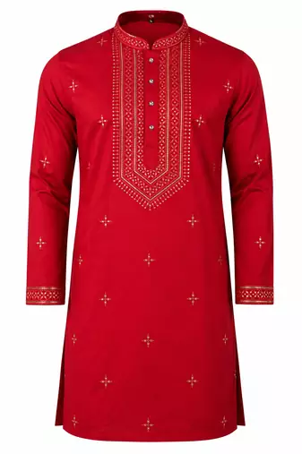 RED EMBROIDERY WITH SEQUENCE WORK DESIGN ON SILKY SILK FABRIC MENS KURTA PAJAMA SET