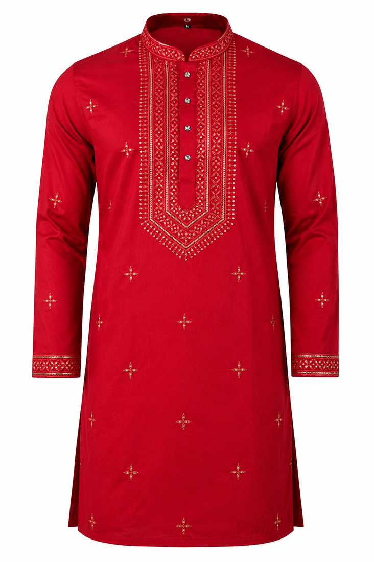 RED EMBROIDERY WITH SEQUENCE WORK DESIGN ON SILKY SILK FABRIC MENS KURTA PAJAMA SET