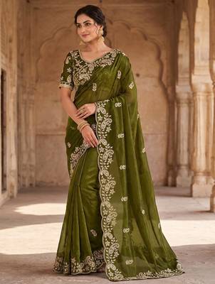 Mehndi Green Color sequence And embroidery work Satin Saree 1