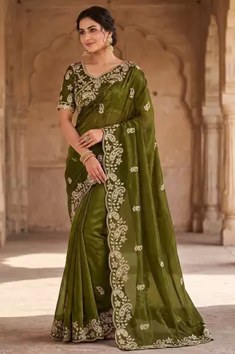 Mehndi Green Color sequence And embroidery work Satin Saree