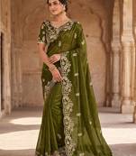 Mehndi Green Color sequence And embroidery work Satin Saree