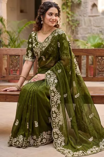 Mehndi Green Color sequence And embroidery work Satin Saree