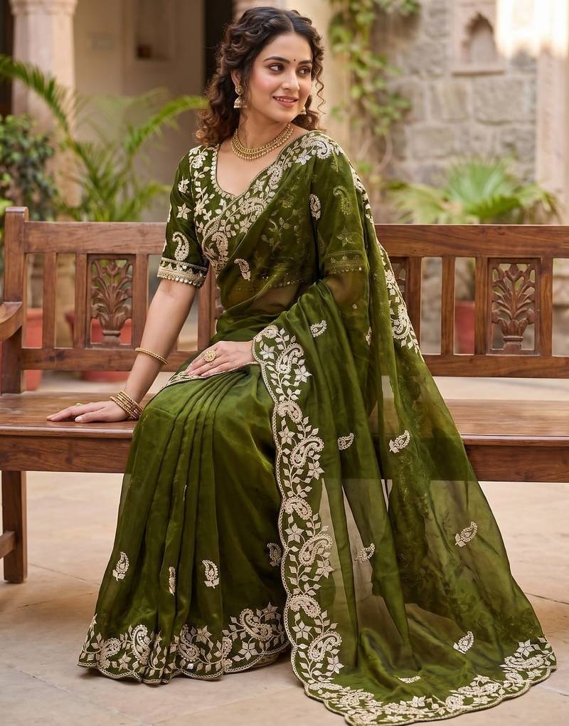 Mehndi Green Color sequence And embroidery work Satin Saree