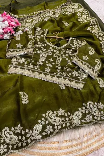 Mehndi Green Color sequence And embroidery work Satin Saree