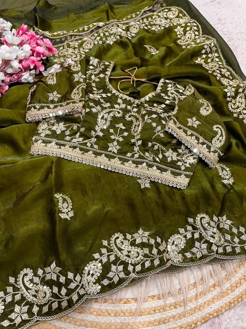 Mehndi Green Color sequence And embroidery work Satin Saree