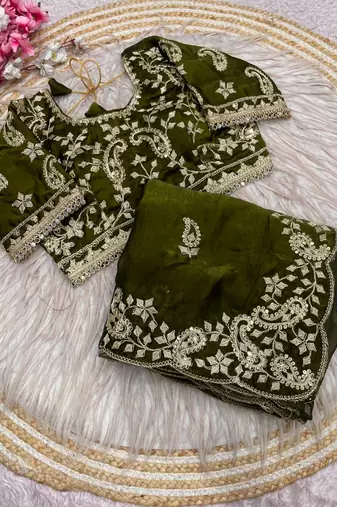 Mehndi Green Color sequence And embroidery work Satin Saree
