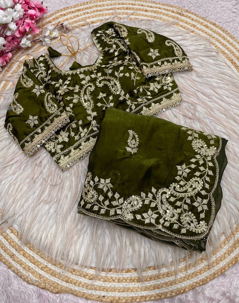 Mehndi Green Color sequence And embroidery work Satin Saree