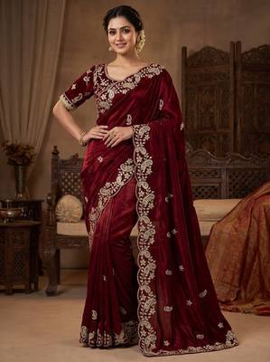 Maroon Color sequence And embroidery work Satin Saree 1