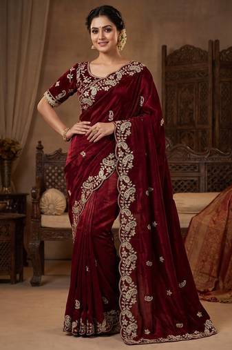 Maroon Color sequence And embroidery work Satin Saree