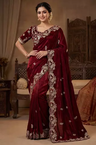 Maroon Color sequence And embroidery work Satin Saree