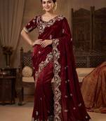 Maroon Color sequence And embroidery work Satin Saree