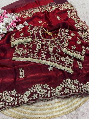 Maroon Color sequence And embroidery work Satin Saree 2
