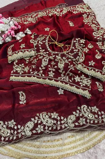 Maroon Color sequence And embroidery work Satin Saree