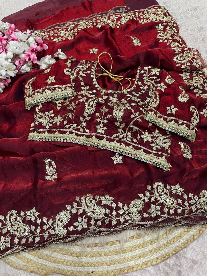 Maroon Color sequence And embroidery work Satin Saree