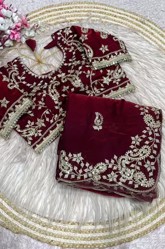 Maroon Color sequence And embroidery work Satin Saree